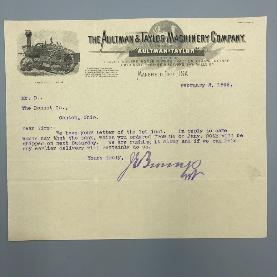1898 AULTMAN TAYLOR Farm THRESHING Tractor ENGINE Letterhead Antique Advertising