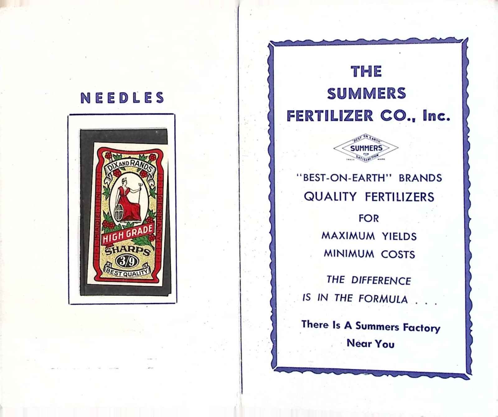 Vintage Summers Fertilizer Co. Baltimore Advertising Needle Pack Booklet