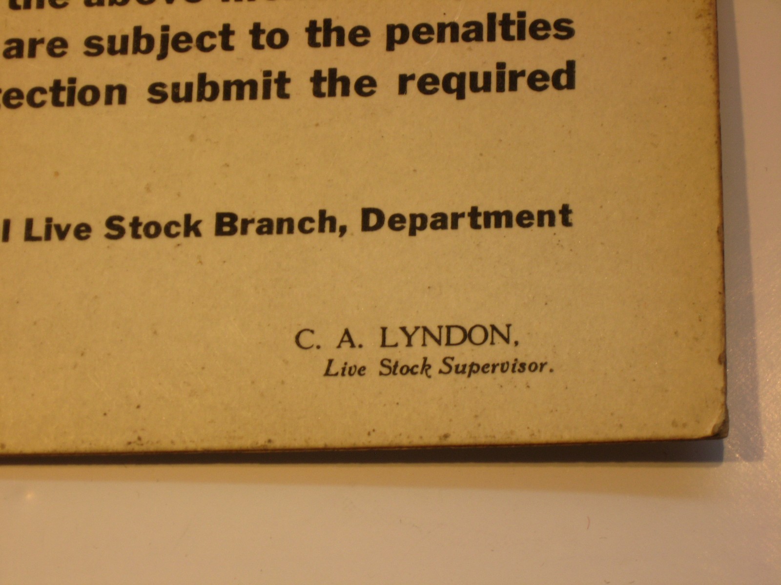 Horned Cattle Purchases Act 1938 Cardboard Sign Alberta Live Stock