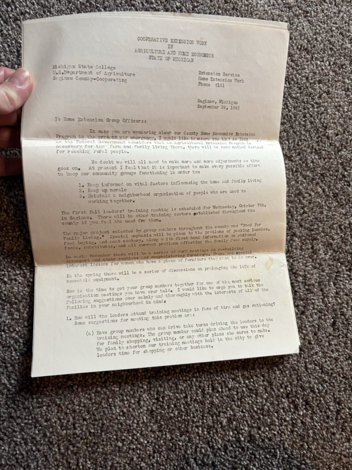 1942 Letter Cooperative Extension Work In Agriculture & Home Economics MI State