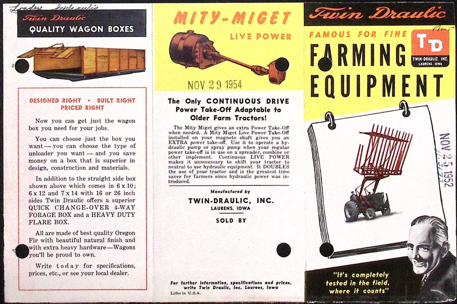 1954 Twin Draulic Farming Equipment Brochure Loaders Sprayers Post Hole Diggers