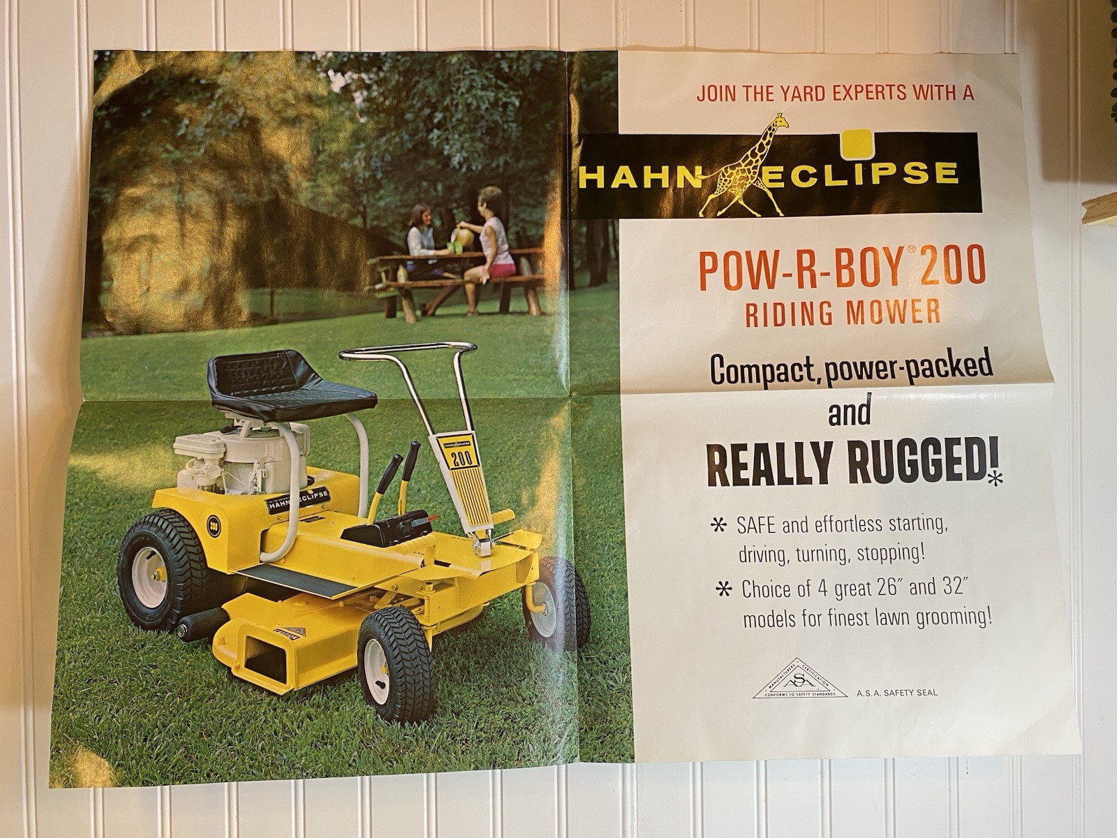 RARE Vintage Hahn Eclipse Pow-R-Boy 200 Riding Mower Advertising Sign 28&Prime;x21&Prime;