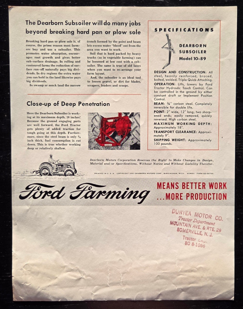 1949 FORD TRACTOR DEARBORN FARM EQUIPMENT LIFT TYPE SUBSOILER COLOR SPEC SHEET