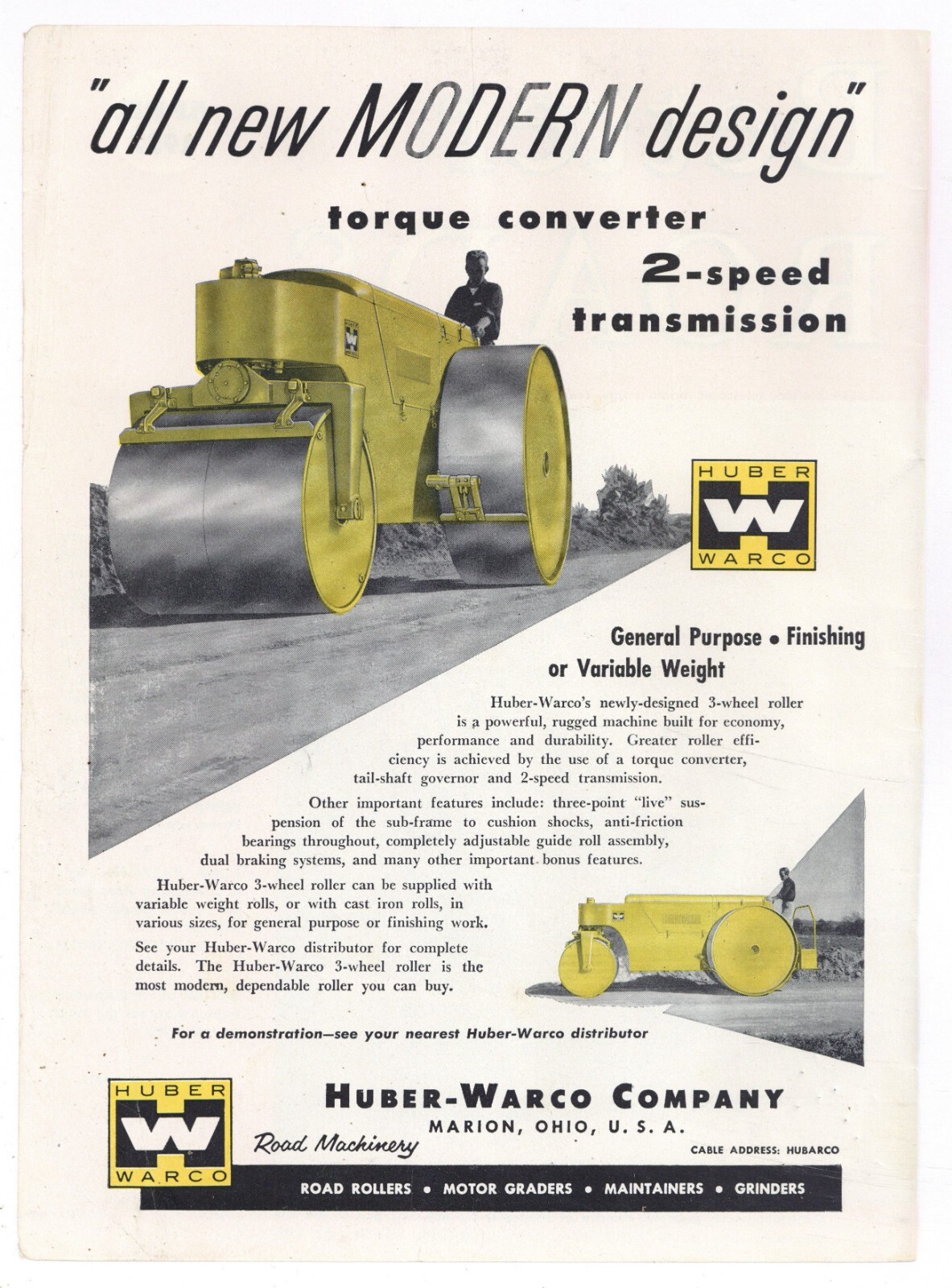 1957 Huber Warco Co. Ad: 3 Wheel Roller w Torque Converter 2 Speed Trans. Marion