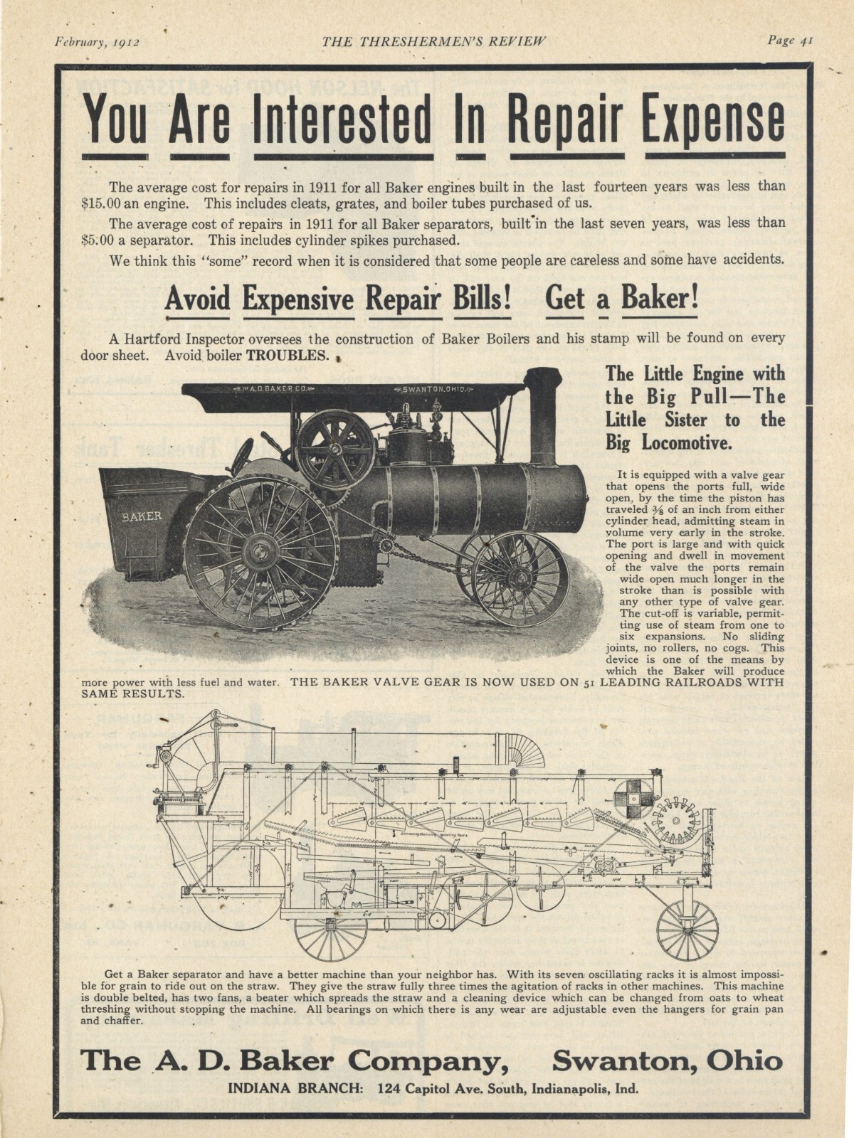 1912 A.D. Baker Co. Ad: Steam Traction Engine & Thresher Cutaway View. Swanton