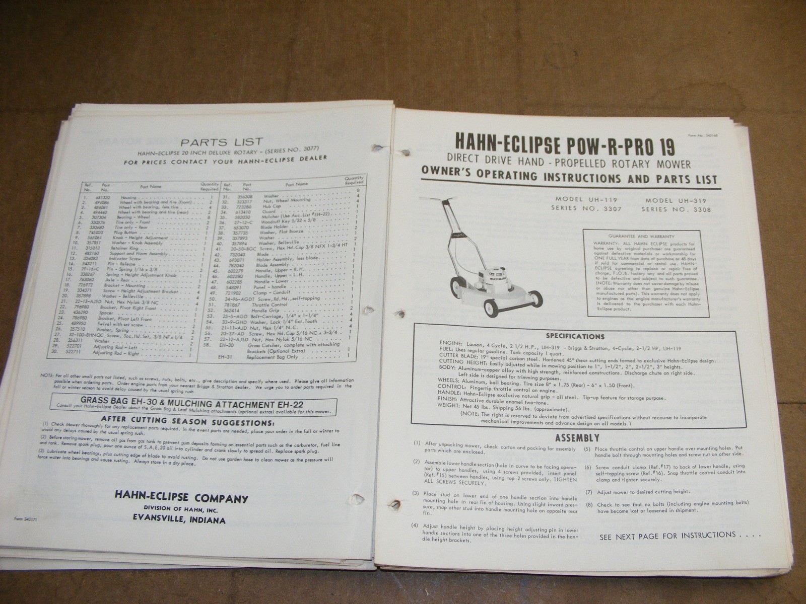 1960s Hahn Eclipse Mower Master Parts Catalog Maintenance Manual