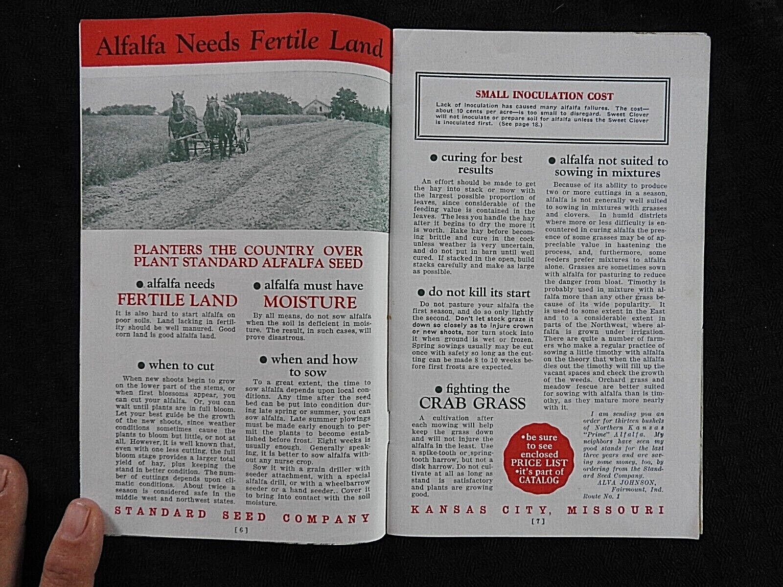 c.1920 « Standard Farm Seeds » Kansas City MO Soy Beans Field Corn Alfalfa Catalog
