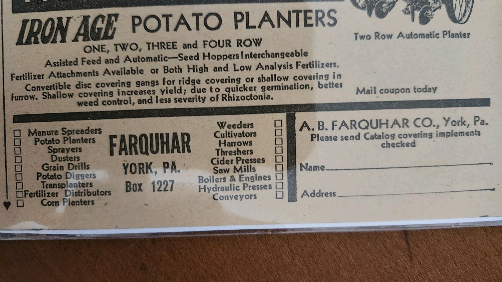 Newspaper Ad For The Iron Age Potato Planter By A.B. Farquhar Of York PA