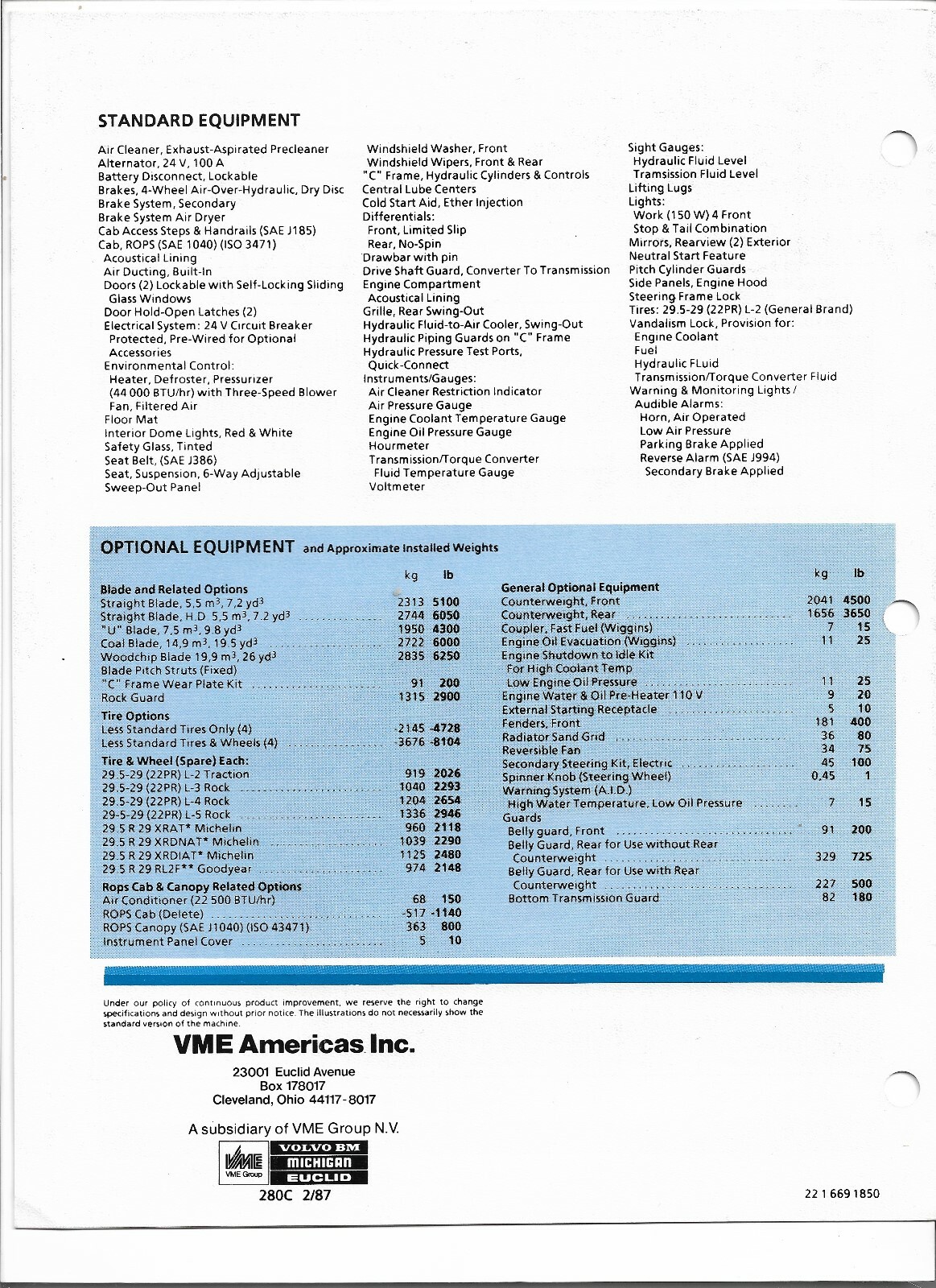 Original Clark Michigan 280C Wheel Dozer Sales Brochure Form #280C February 1987