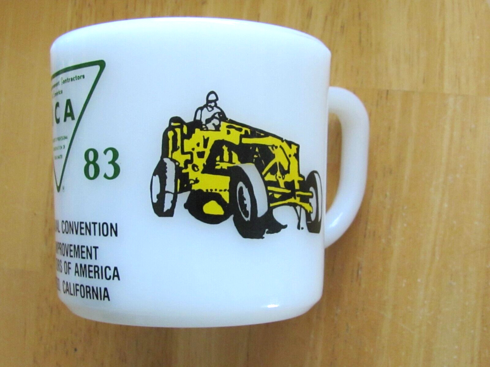 1983 MILK GLASS COFFEE CUP SAN DIEGO CA LICA LAND IMPROVEMENT CONTRACTORS FARM