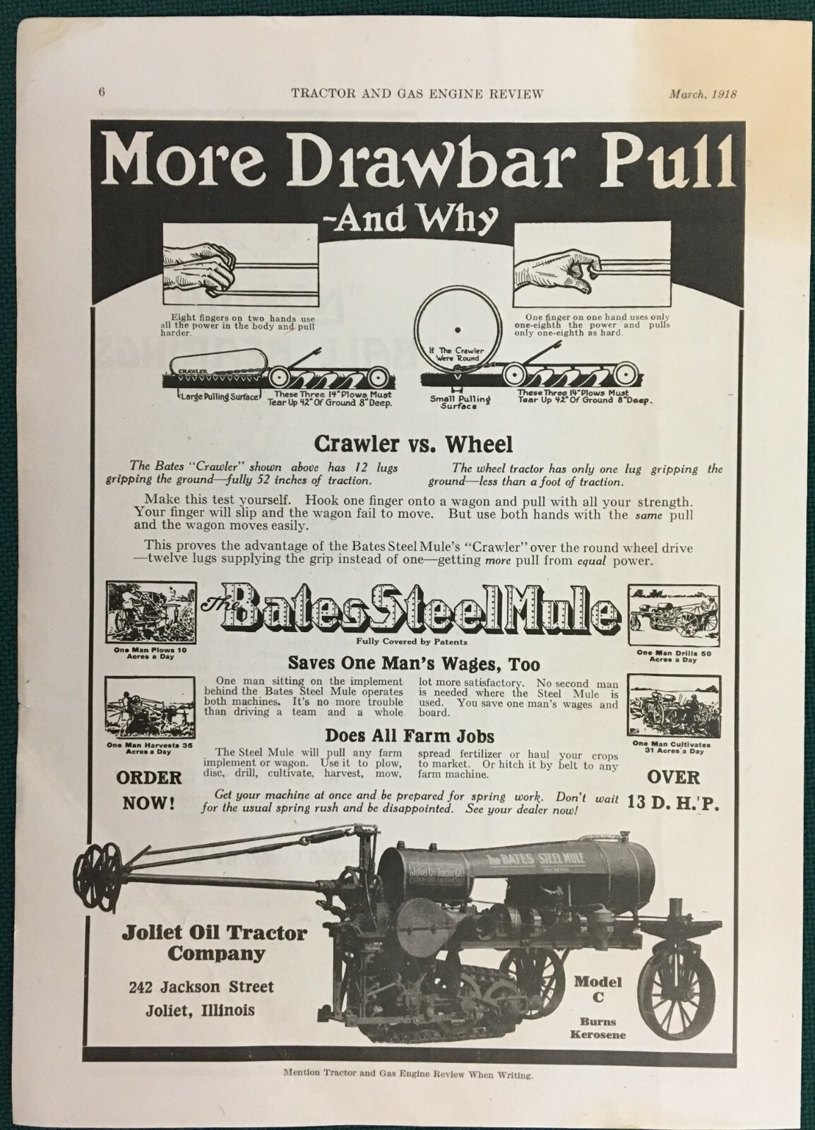 1918 JOLIET OIL TRACTOR, BATES STEEL MULE MODEL C CRAWLER old original B&W ad