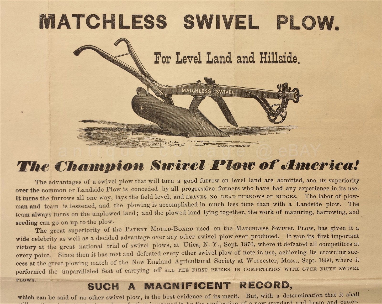 1883 antique MATCHLESS SWIVEL PLOW farm tool AD PRICES everett small boston ma