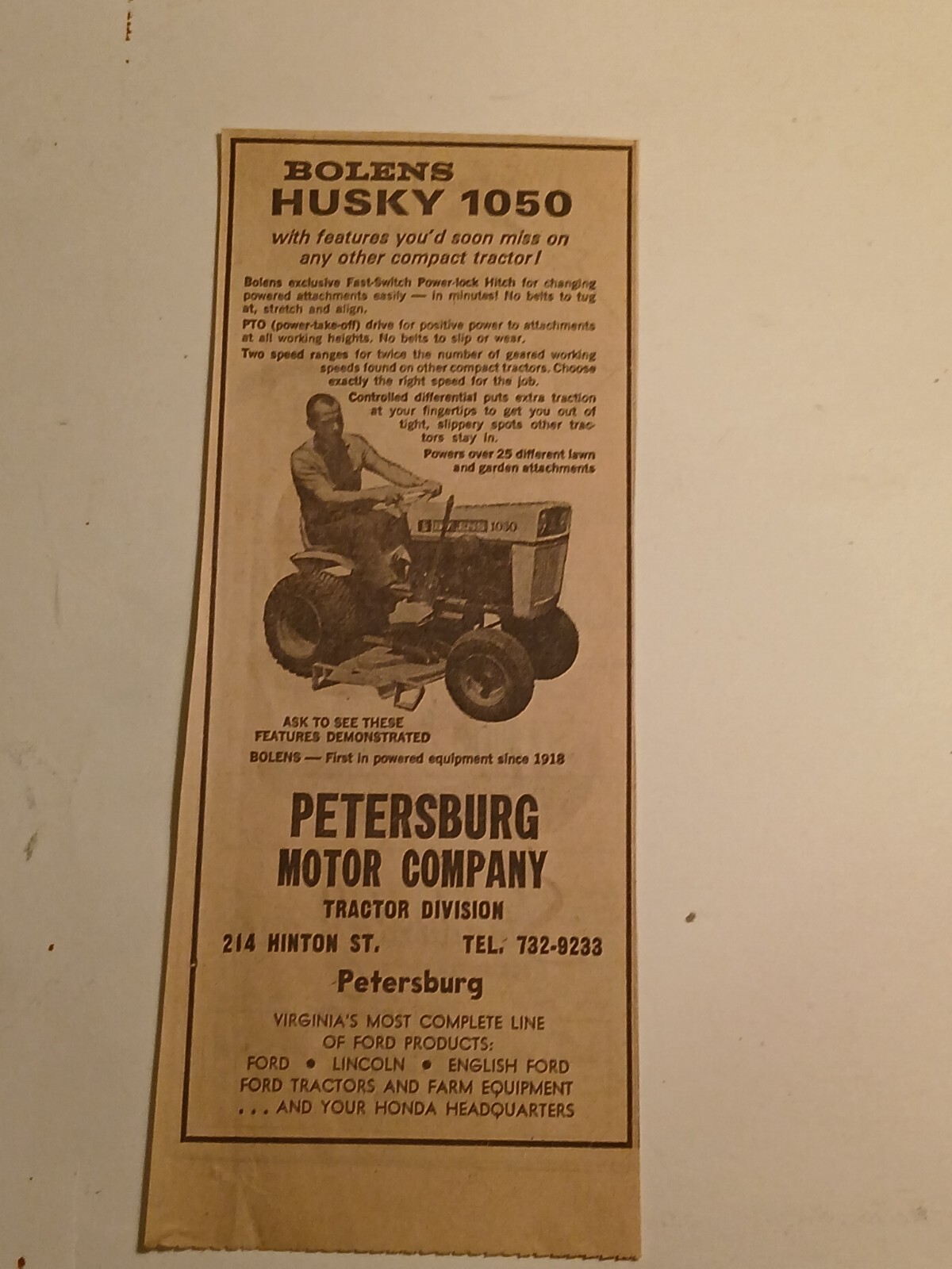 BOLENS 1050 MOWER VINTAGE NEWSPAPER AD