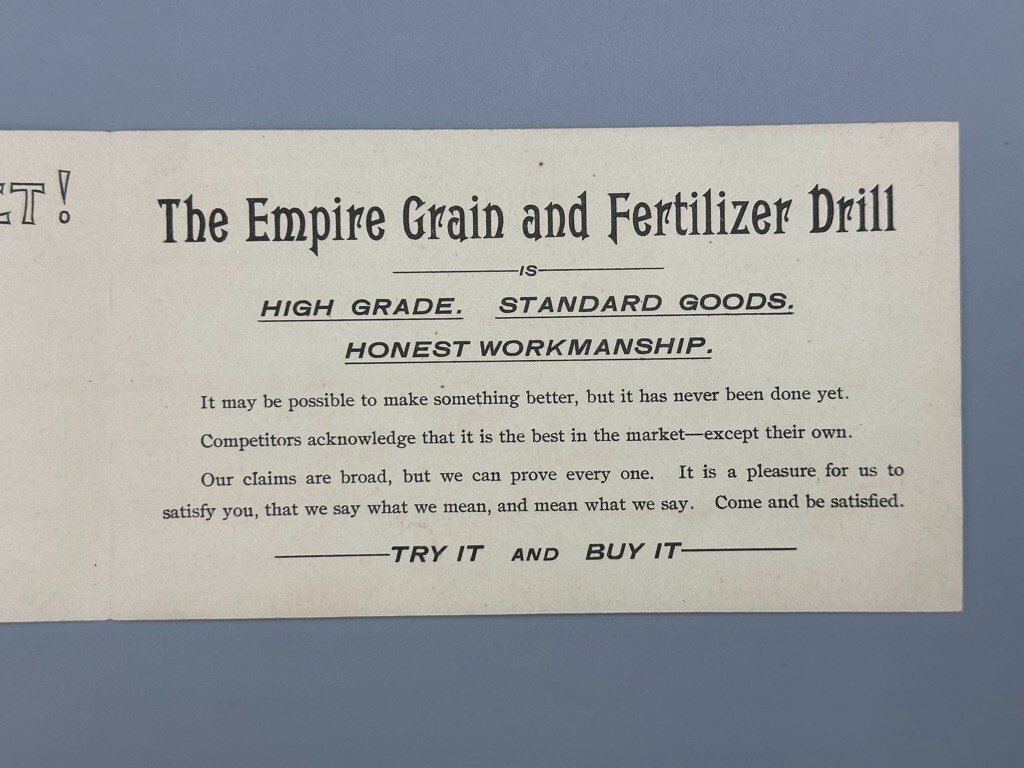 1880s EMPIRE DRILL Victorian FARM HORSE Advertising Trade Card SHORTSVILLE NY