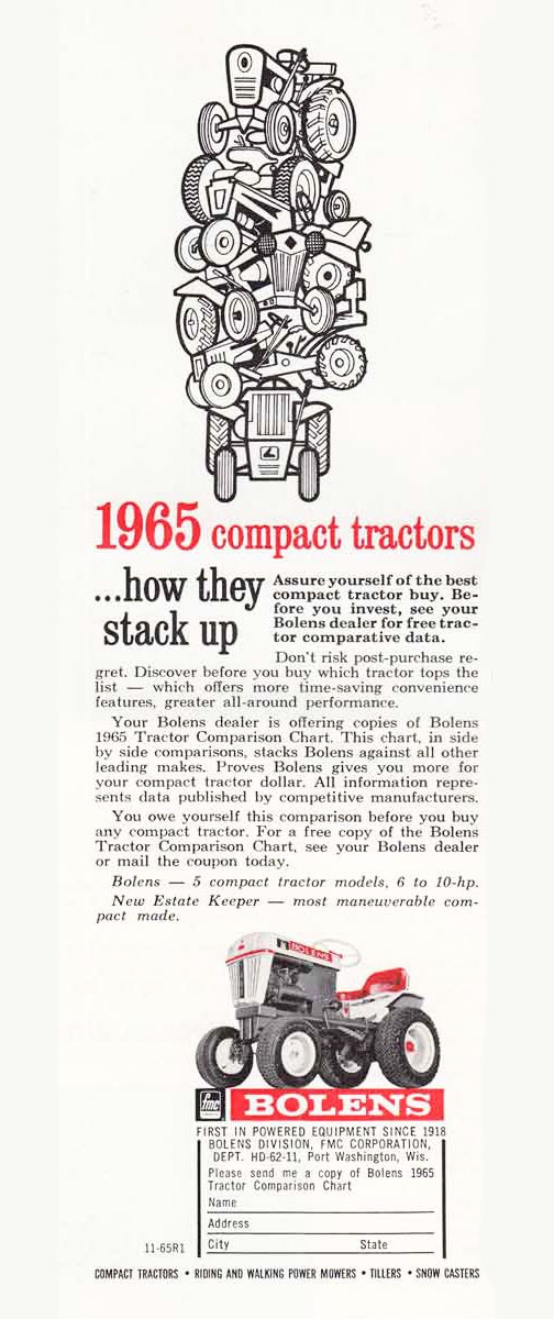 1965 Bolens Compact Tractors: How They Stack Up Vintage Print Ad