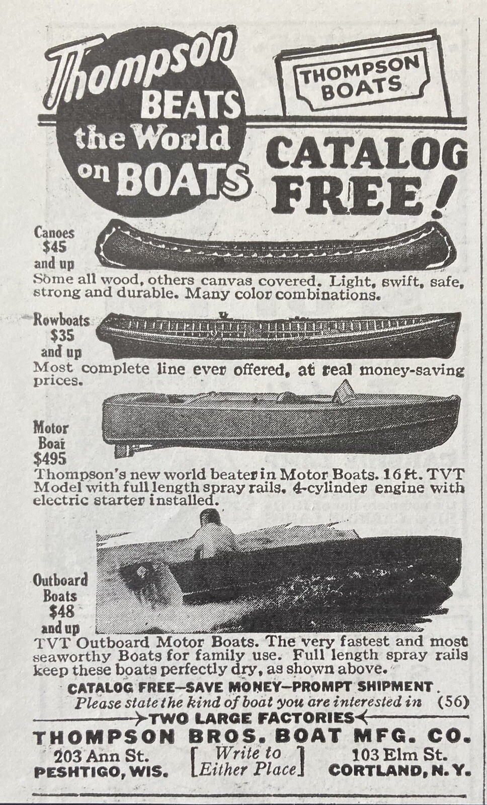 1932 AD.(XH65)~THOMPSON BROS. BOAT CO. PESHTIGO, WIS. CANOES AND ROWBOATS