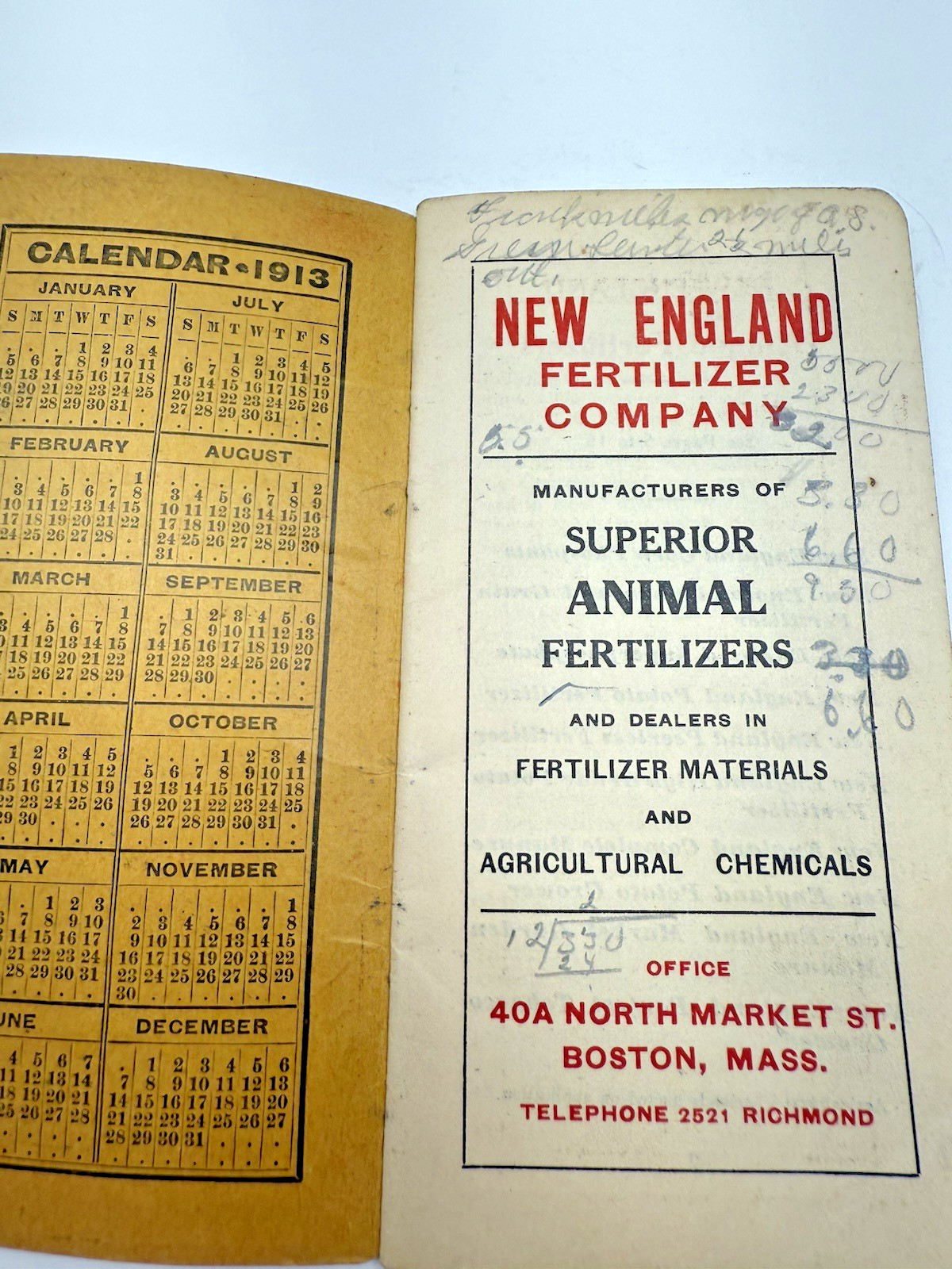 New England Animal Fertilizers Calendar Recipe and Notepad 1913.