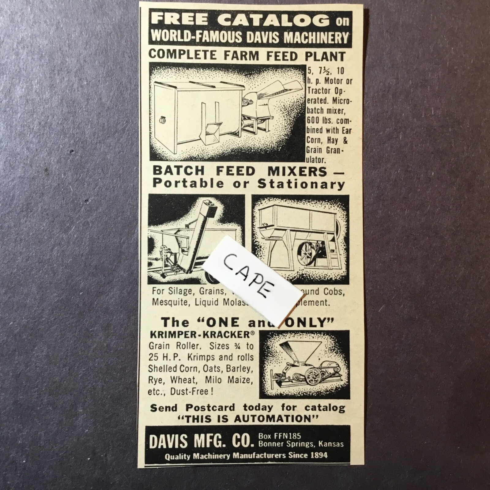 1959 Davis Batch Feed Mixers. Davis Mfg. co. Bonner Springs, Kansas. Vintage Ad.