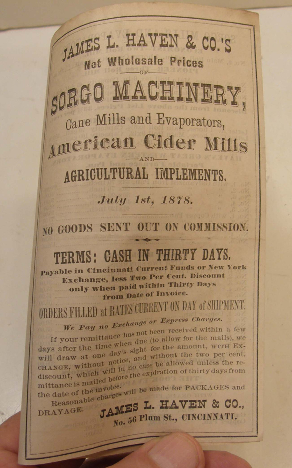 ANTIQUE 1878 AGRICULTURAL MACHINERY PRICE LIST JAMES HAVEN & CO CINCINNATI OH