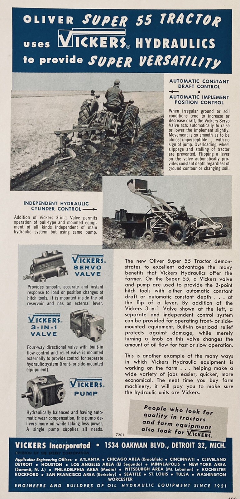 1955 AD.(XH47)~VICKERS, INC. DETROIT. VICKERS HYDRAULICS ON OLIVER 55 TRACTOR