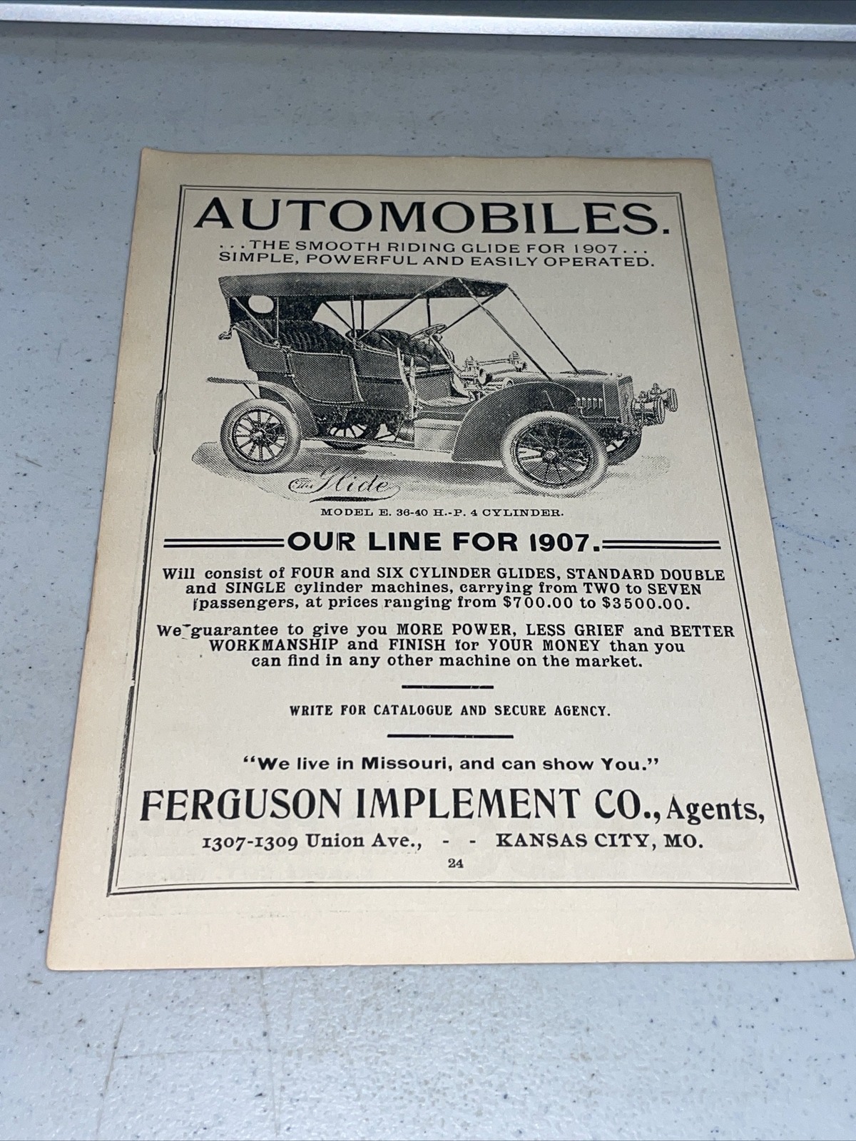 ORIGINAL 1907 Ferguson Implement – Automobiles Farm Advertising – Kansas City