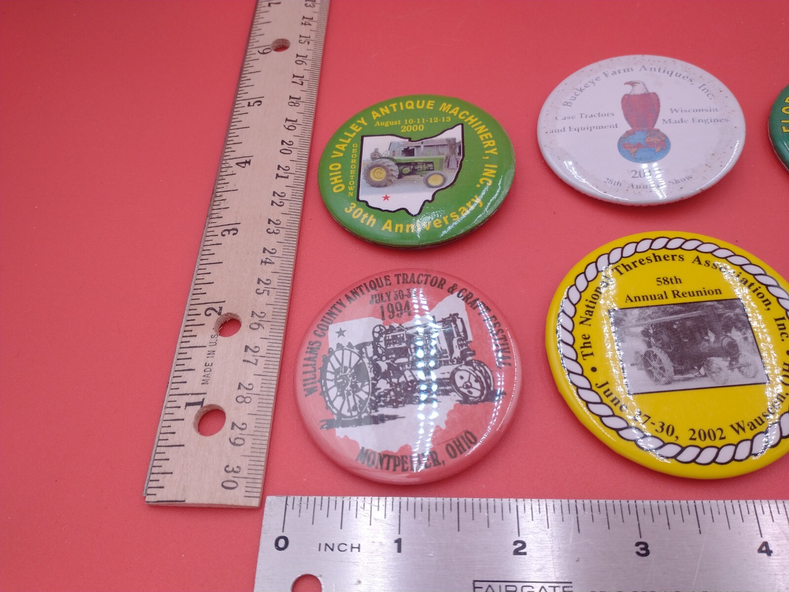 Lot of 6 various pinback buttons. Threshers, antique farm, tractors, Ag #1380