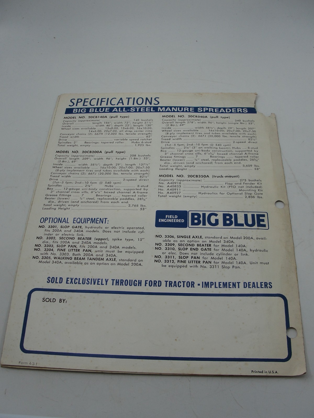 Ford Big Blue Field Engineered Manure Spreaders Brochure