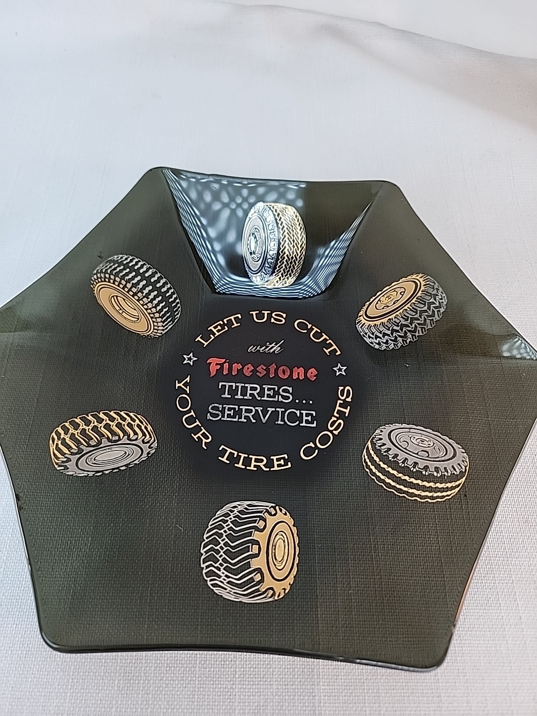Vintage Firestone Tire Service Dealer smoked Glass Coin Dish / Desk Trinket MCM