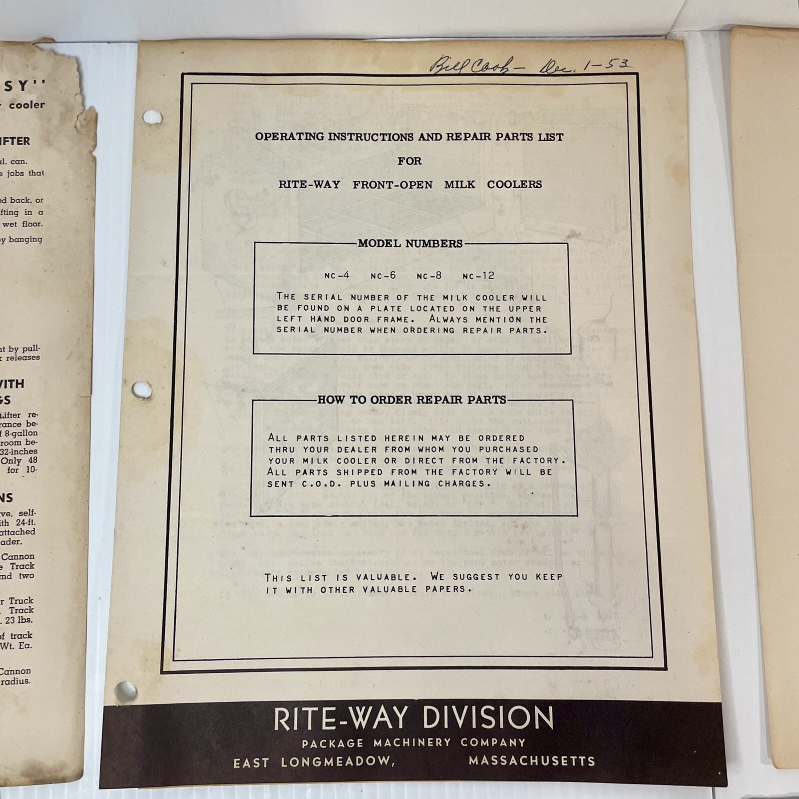 Rite-Way Dairy Farm Equipment Salesman Ads Memos Pamphlets 1950s lot 27 pieces