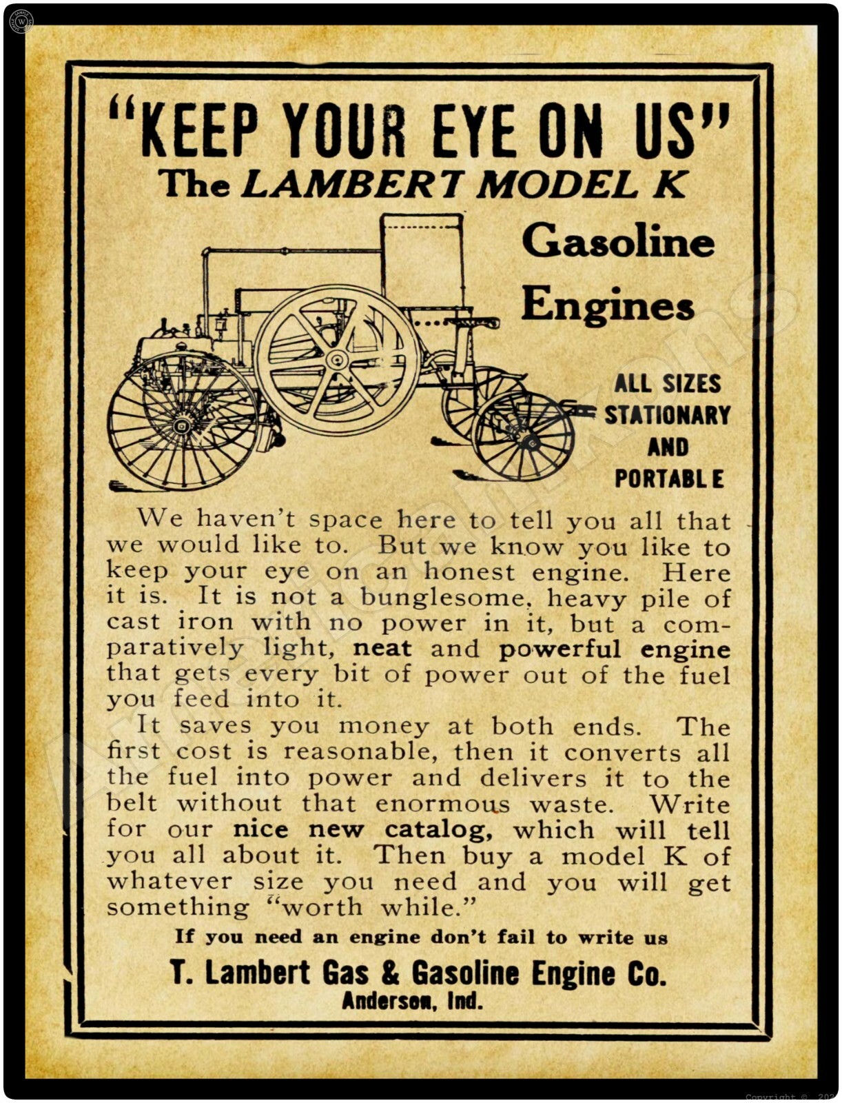 1910 Lambert Model K Gas Engines New Metal Sign: Anderson, IN LARGE SIZE 12 x 16