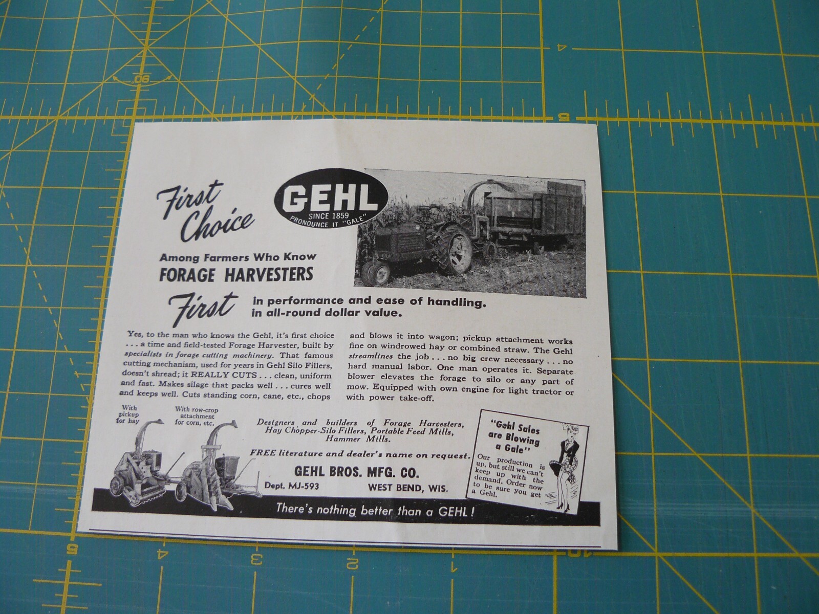 THE FARM QRTLY- Aug 1949 -ad- GEHL FORAGE HARVESTERS -1st Choice / West Bend, WI