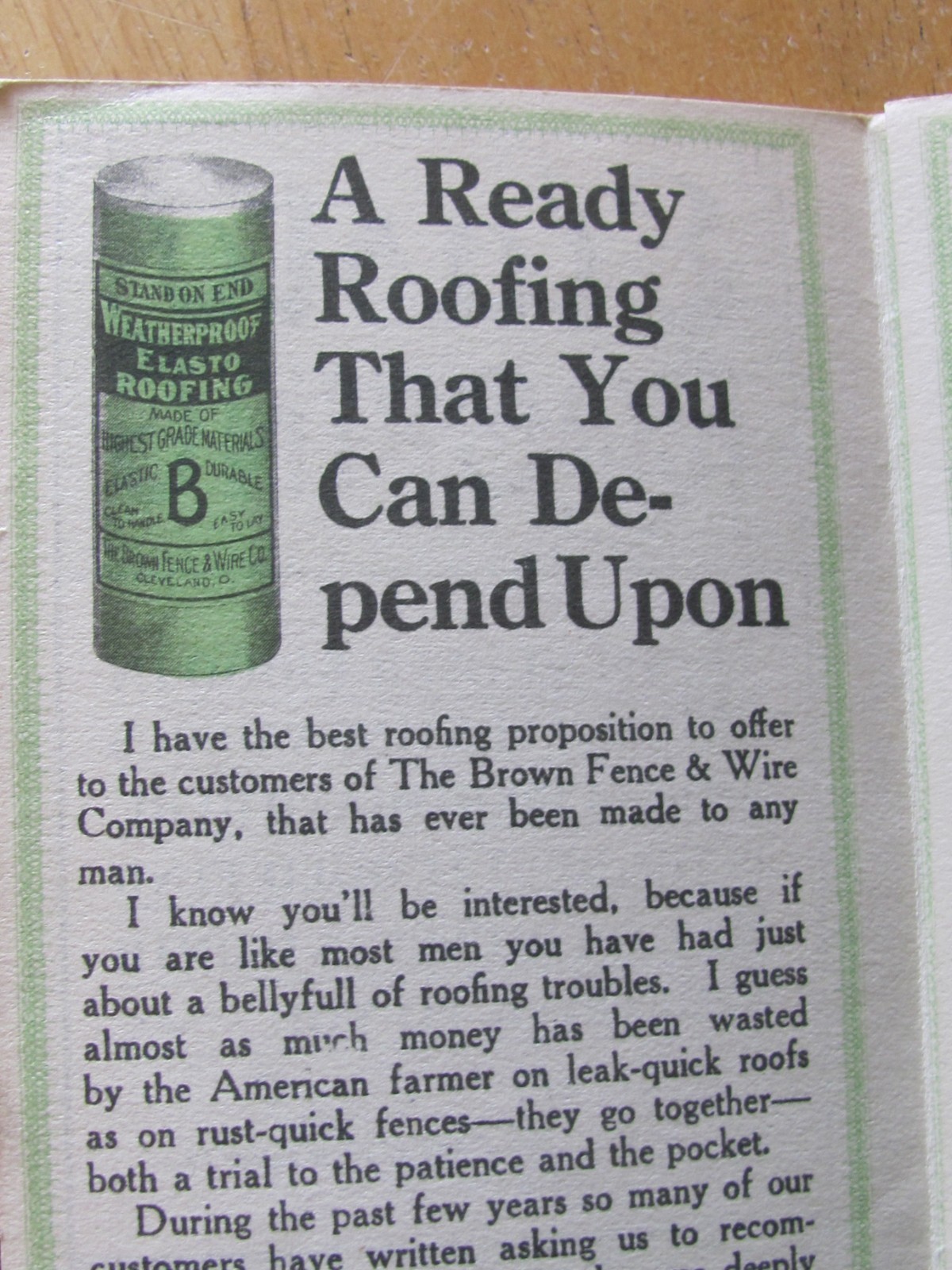 ANTIQUE PAMPHLET ELASTO WOOL FELT ASPHALT ROOFING ROLL BROWN FENCE & WIRE CO