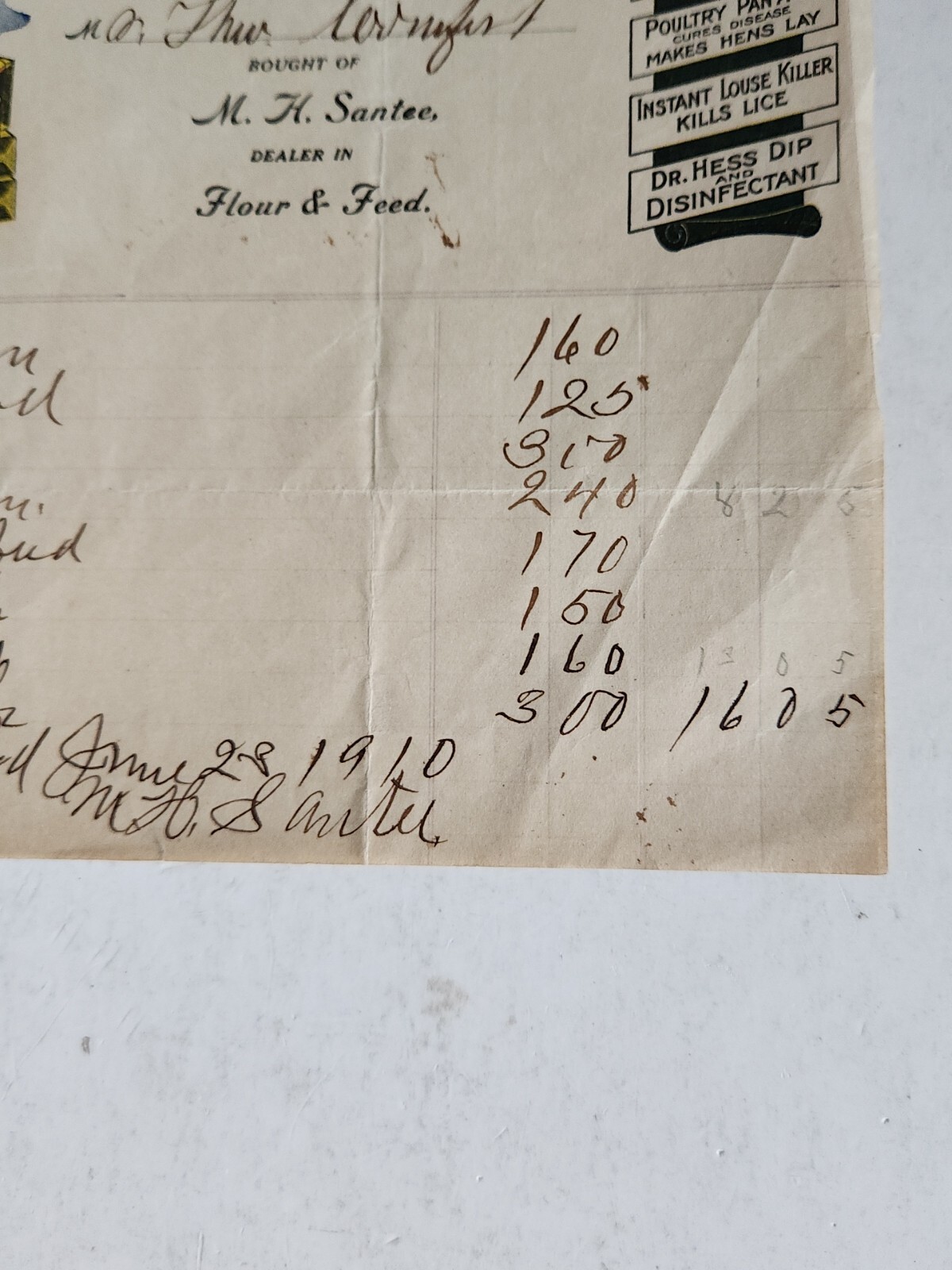 1910 Letterhead Dr. Hess Goods Flour & Feed Farming Bill of Sale Circleville NY