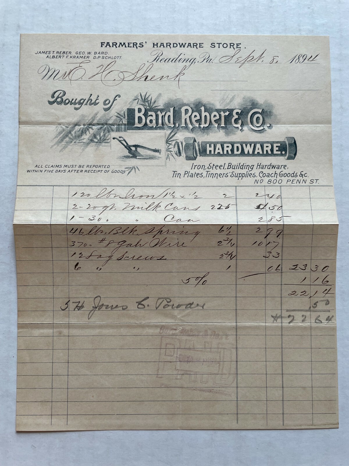 1894 Hardware Store Receipt / Bill of Sale with Decorative Logo