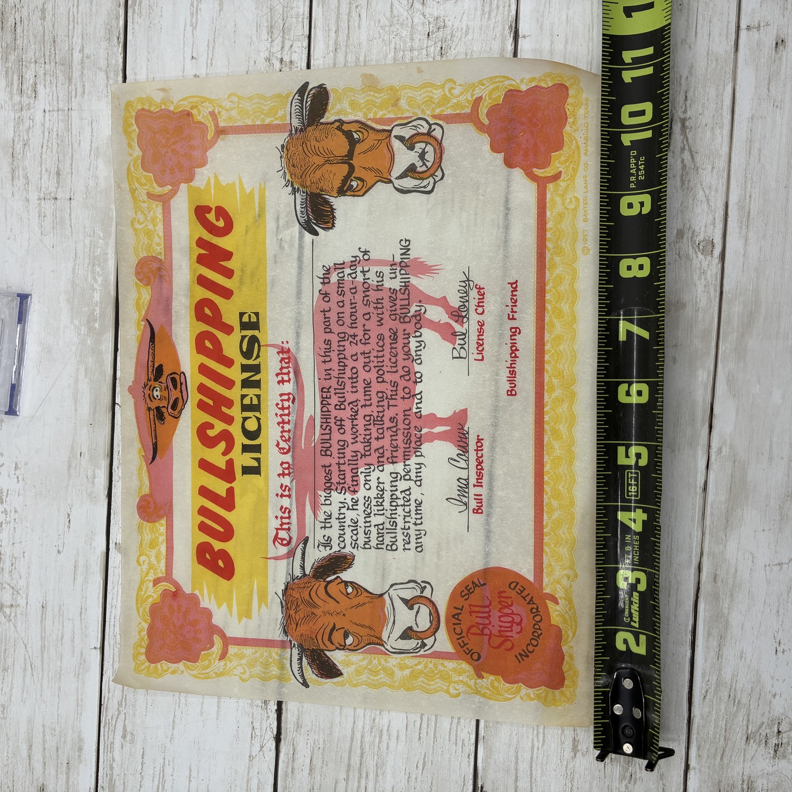 Vintage 1957 Bullshipping License Novelty Gag Gift Baxter Lane Co. Amarillo TX