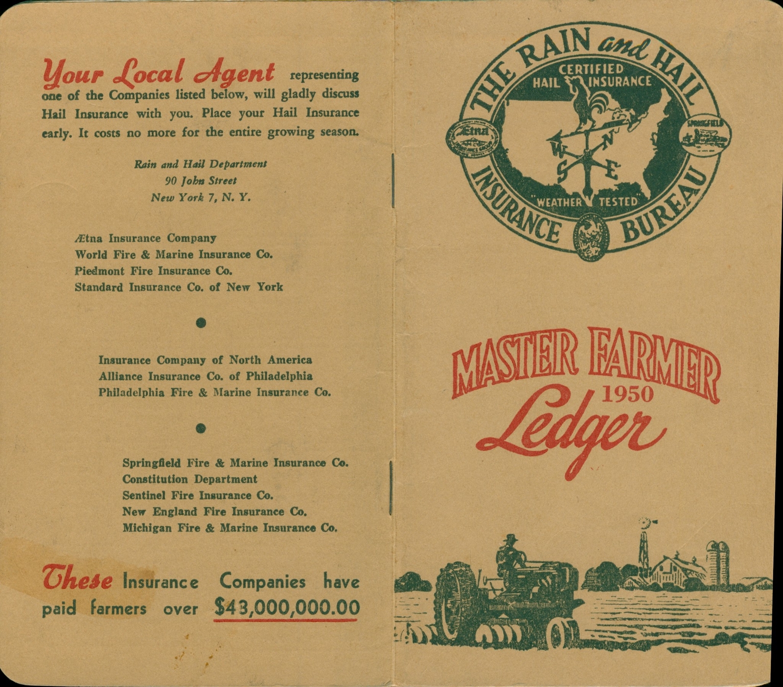 1950 Master Farmer Ledger Rain & Hail Insurance Bureau Farm Record Calendar Note