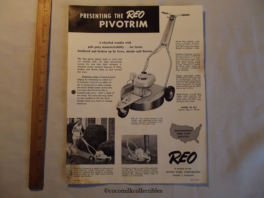 1959 Sales Brochure REO Pivotrim 3 Wheeled Lawn Mower Trimmer Lansing Michigan