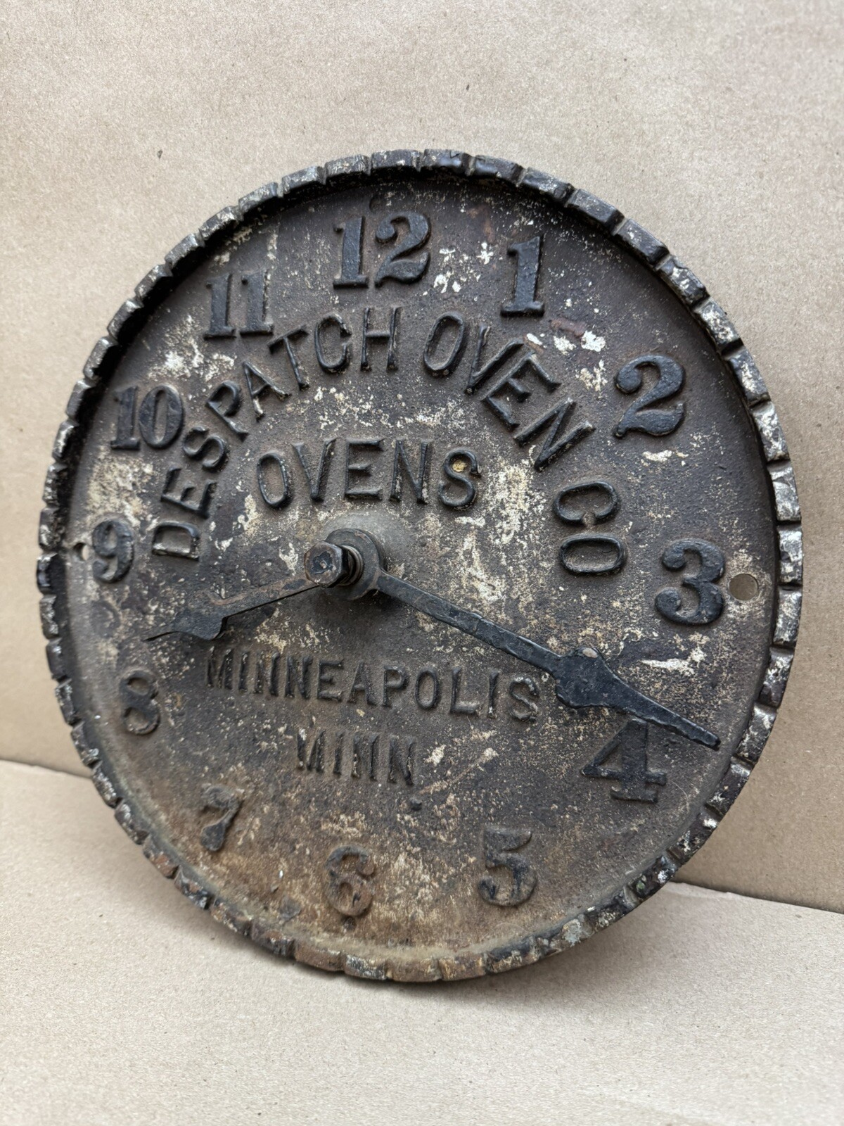 Antique Early Despatch Oven Clock Cast Iron Advertising Minneapolis Minnesota