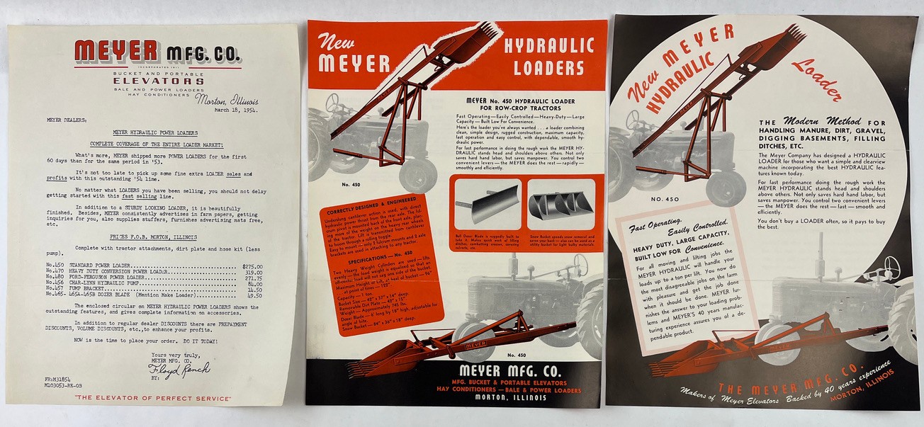 3 Meyer Mfg Co Hydraulic Loaders Farm Tractors Ad Sheets & Letter Morton 1954