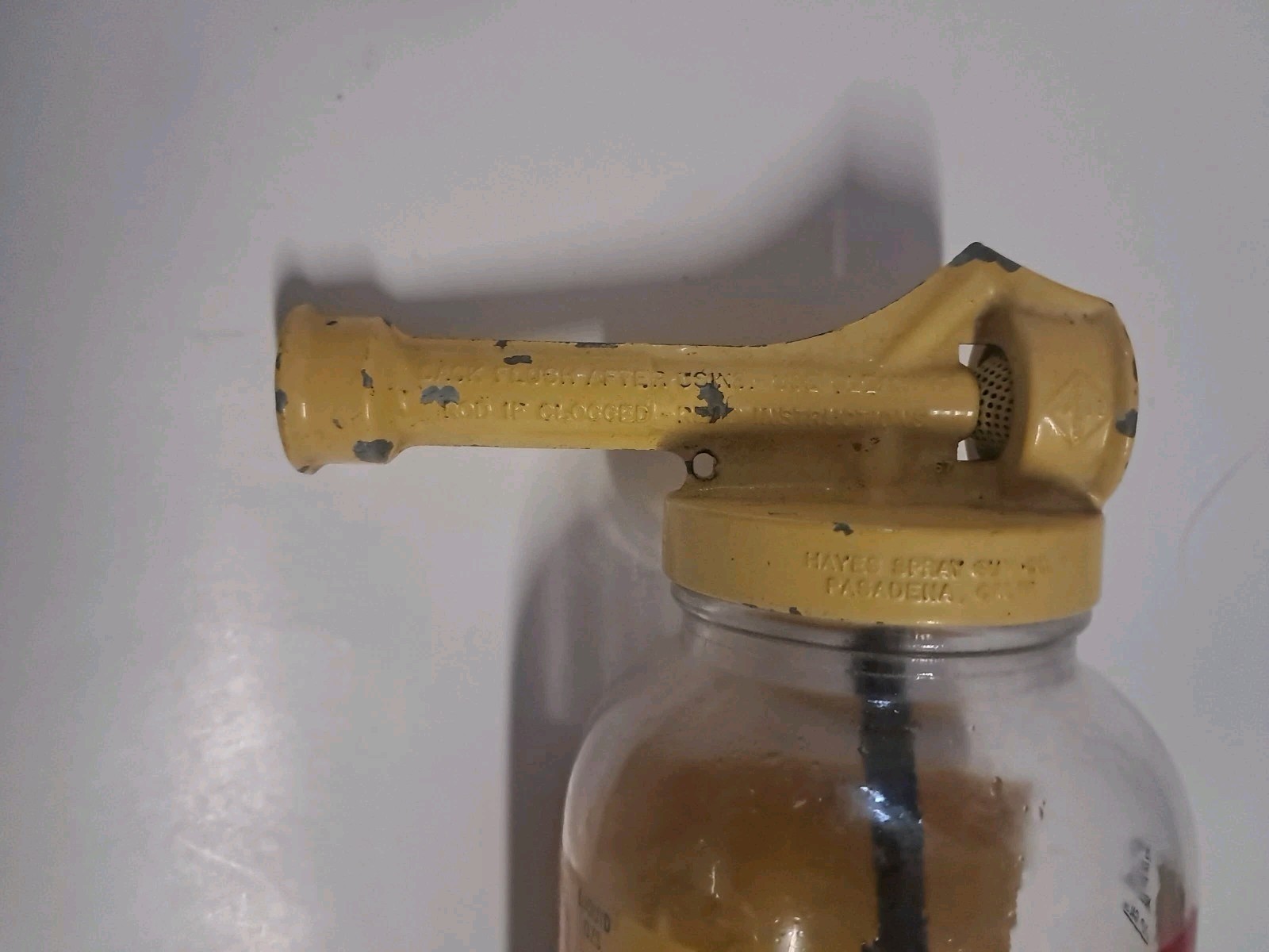Vintage Ortho Lawn Sprayer Glass Jar Yellow Metal Lid 8&Prime; w/ Instructions ON IT