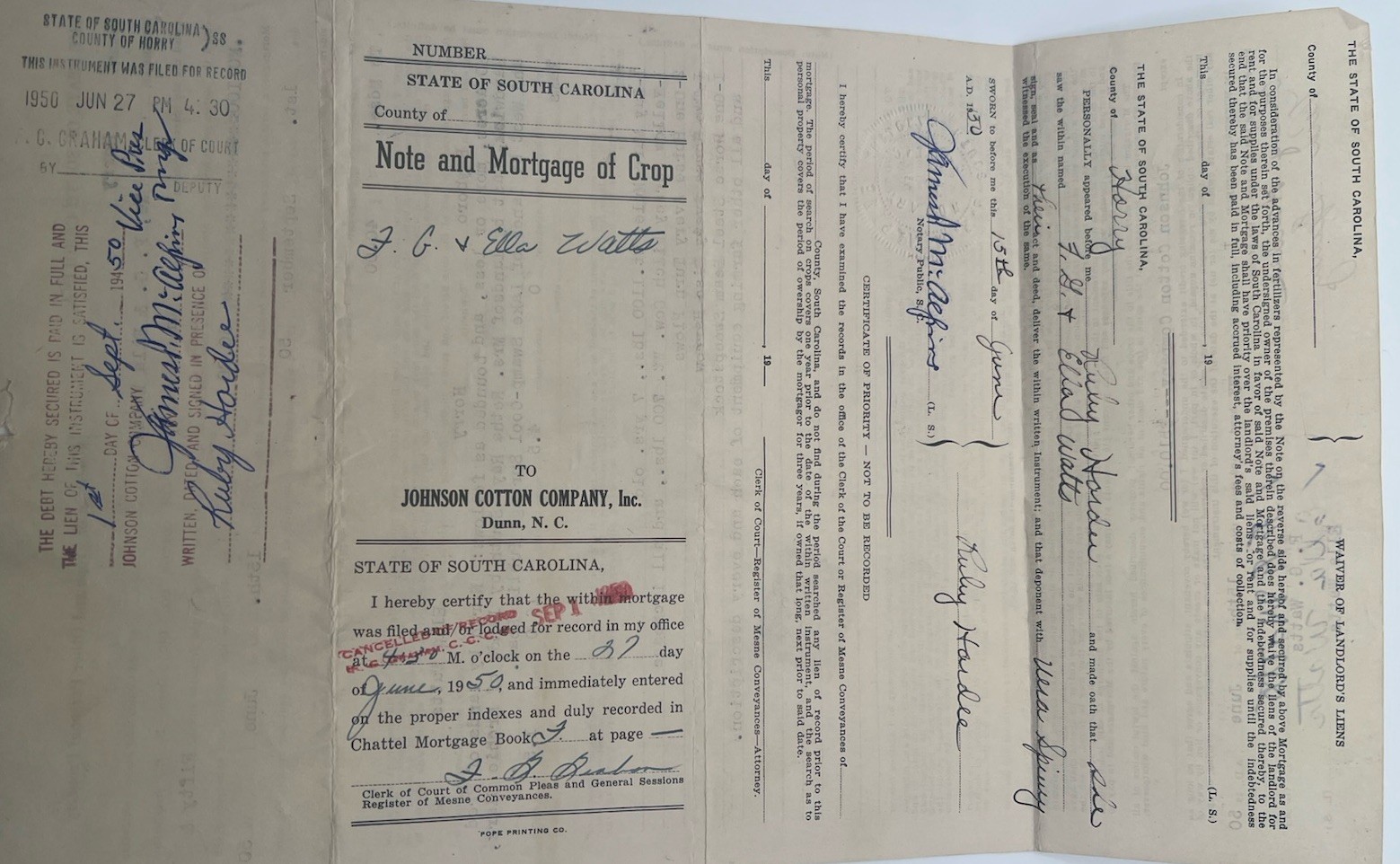 1950 SC Crop Mortgage Johnson Cotton Co Mule Cow Horry County # 1154