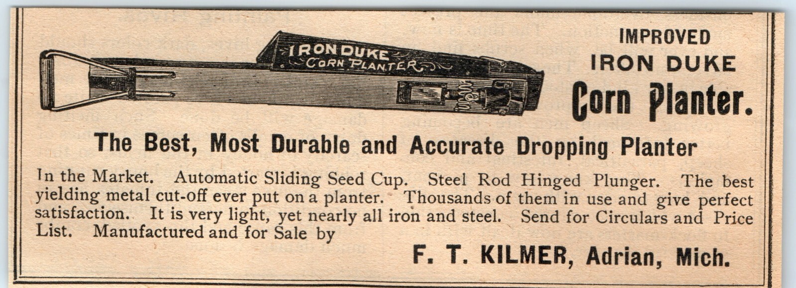 Vtg 1890 Adrian Mich Iron Duke Corn Planter Print Ad F. T. Kilmer Farm Tool Hand
