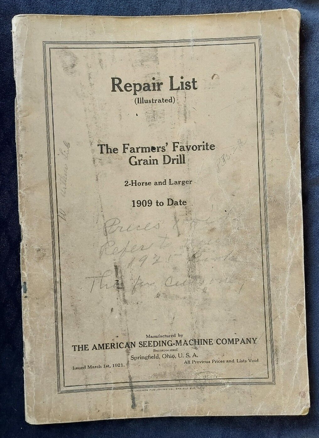 1921 Repair List Farmers Favorite Drill American Seeding Machine Springfield OH