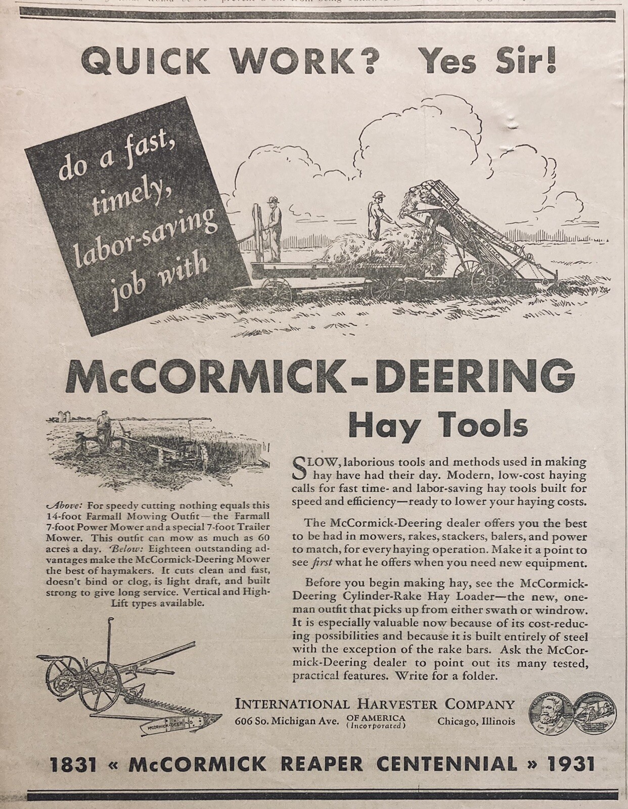1931 AD(XH56)~INTERNATIONAL HARVESTER CO. MCCORMICK-DEERING HAY TOOLS