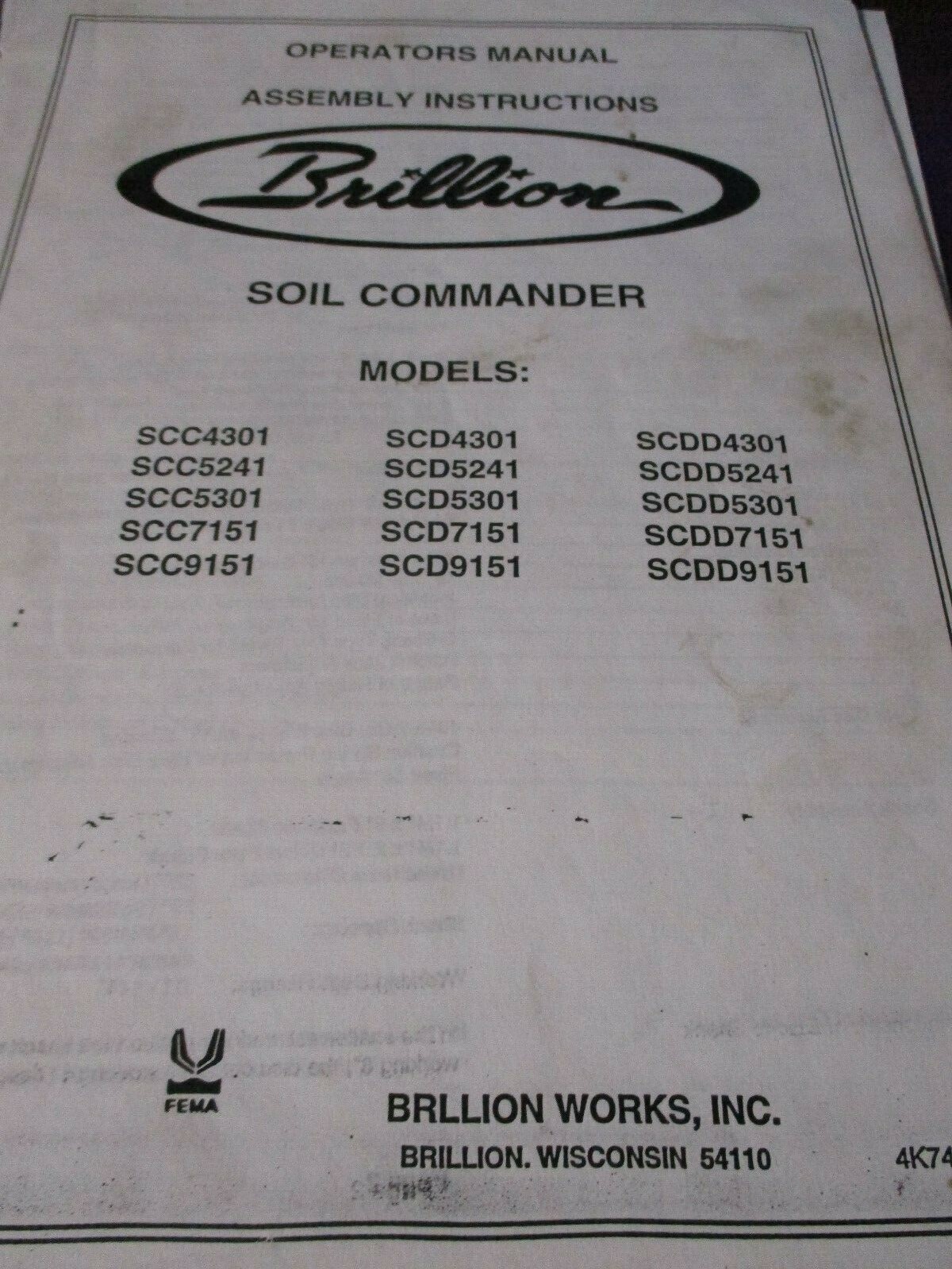 Brillion Series SCC, SCD, SCDD Soil Commander Operator&rsquo;s Manual & Parts Manuals