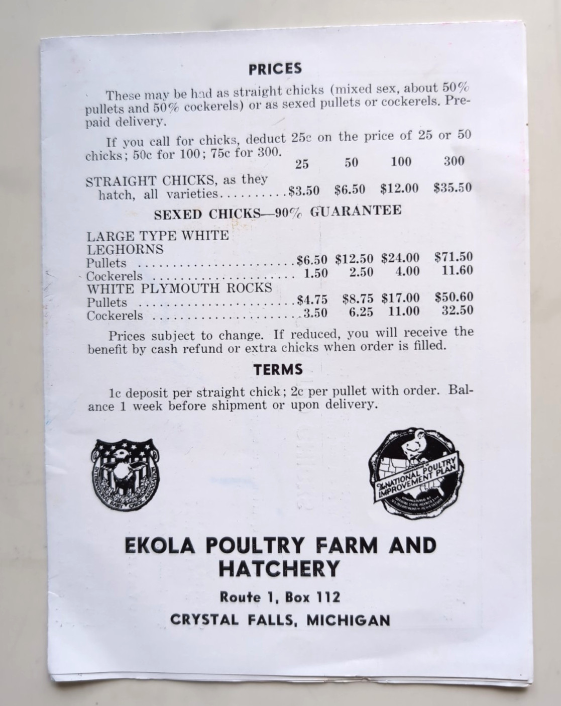 Vtg Ekola Bros. Poultry Farm & Hatchery Price Brochure Crystal Falls, Michigan