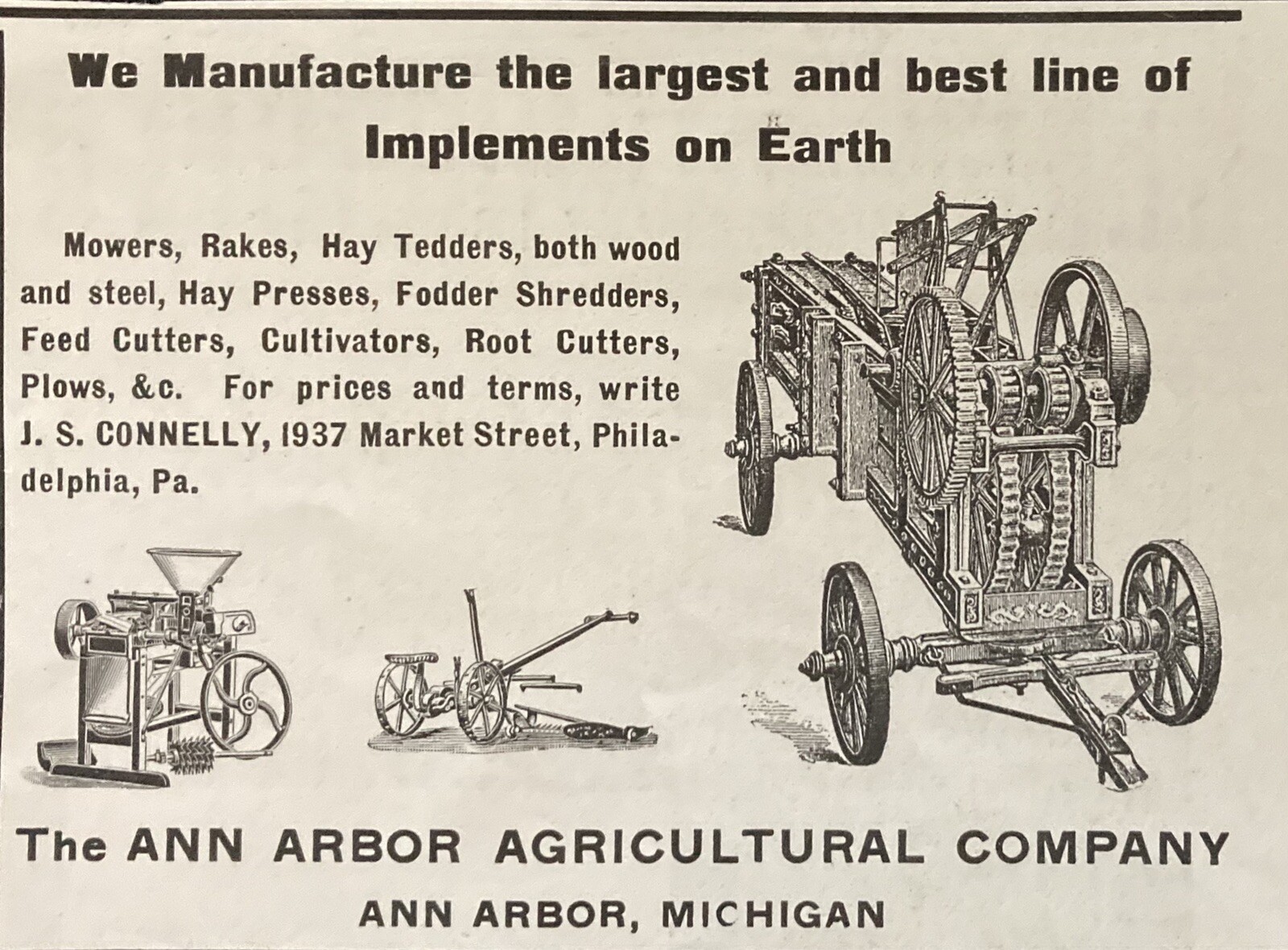 1898 AD(XH24)~ANN ARBOR AGRICULTURAL CO. MI. MOWERS, RAKES AND HAY TEDDERS