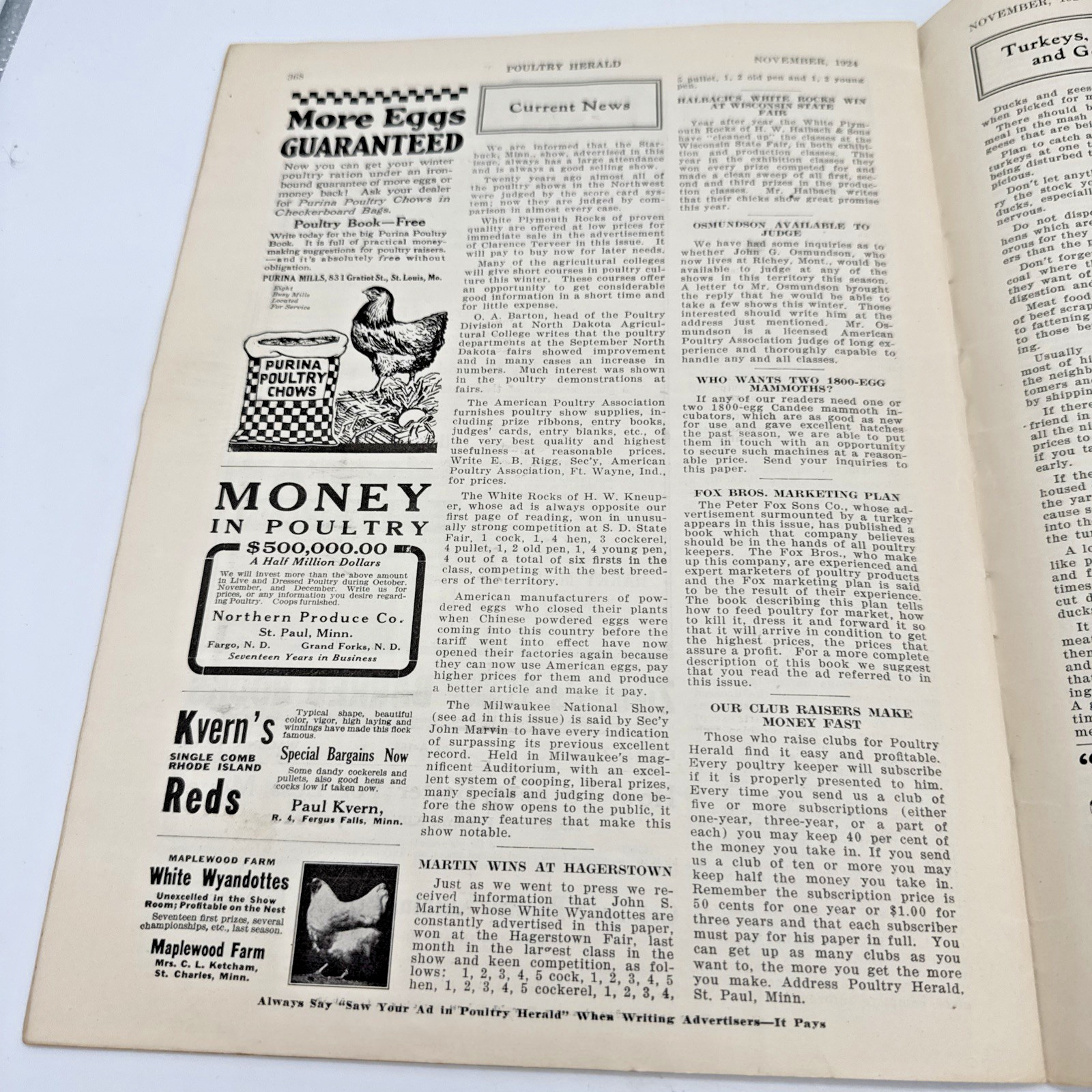 1924 Poultry Herald Magazine St Paul MN Farm Chickens Rooster Ads Vintage