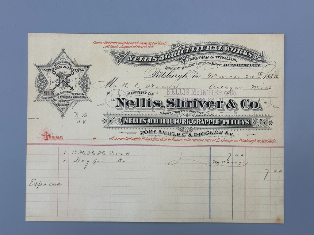 1882 Nellis Shriver GRAPPLE & PULLEYS Farm Advertising Invoice PITTSBURGH