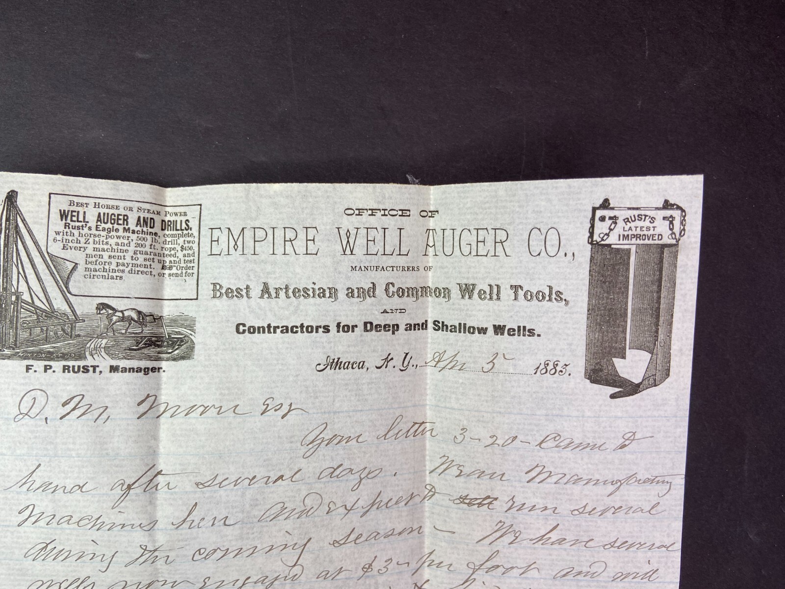 SUPER Rare Letterhead & Cover 1883 Horse or Steam Empire Well Drill – Ithaca NY